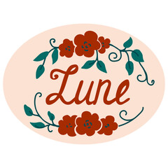 Vector illustration of word June in ellipse with floral elements. Lettering Sticker for calendar, planner, bullet journal. Colorful hand-drawn element