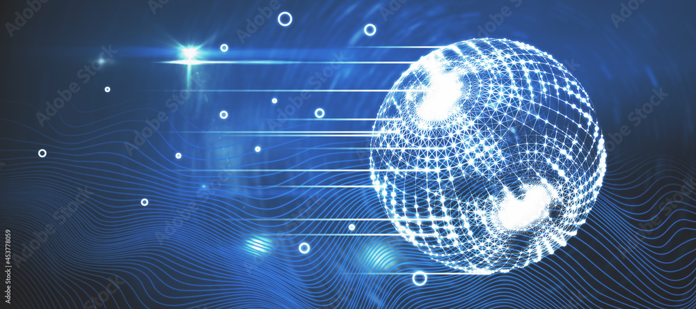 Poster Creative glowing polygonal globe interface on blue background. Network and digital communication concept. 3D Rendering.