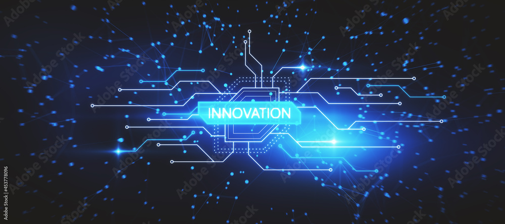 Poster Creative glowing digital hud interface background with circuit and polygonal mesh network. Innovation, future and artificial intelligence concept. 3D Rendering.