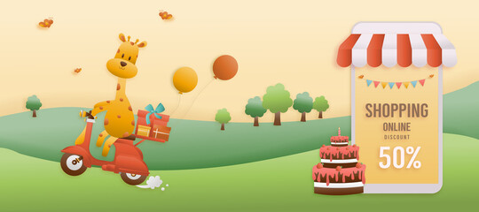 Online shop banners discount jungle animals Birthday Themes. Celebration voucher Happy birthday. decorating with an animal on scooter paper cut, and papercraft style vector illustrator.