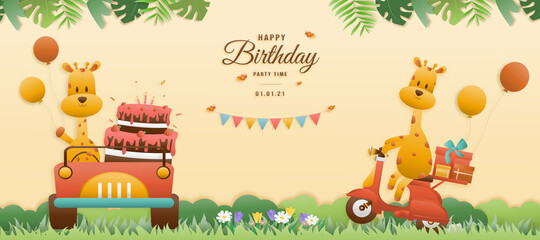 Greeting card Cute birthday A giraffe drives a car and a giraffe rides a motorcycle. jungle animals celebrate children's birthdays and template invitation paper cut and papercraft style vector.