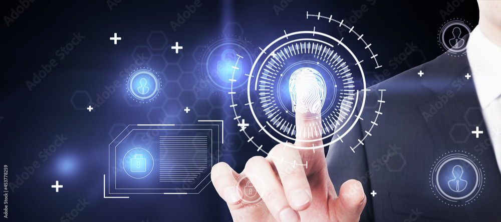 Poster businessman hand with creative glowing id thumbprint interface with digital icons. biometrics and se