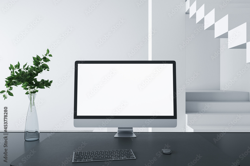 Poster Close up of designer desktop with empty white computer screen frame, decorative items and modern interior in the background. Mock up, 3D Rendering.