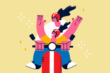 Riding scooter and summer family transportation concept.