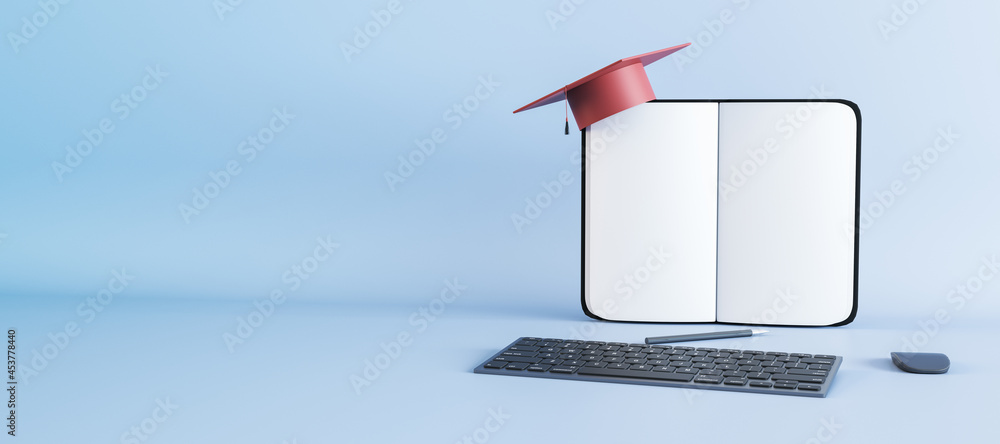 Aufkleber abstract notepad, mortarboard, keyboard and other items on blue background with mockup place. online