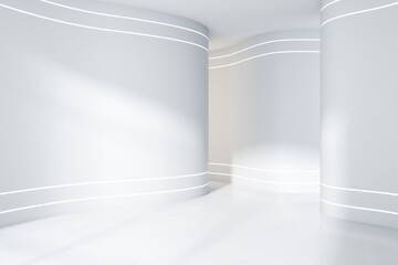 Modern white concrete classic gallery interior with empty walls and sunlight. Mock up, 3D Rendering.