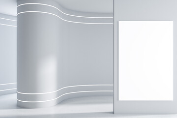 Modern white concrete classic gallery interior with empty poster on walls and sunlight. Mock up, 3D Rendering.