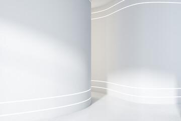 Clean white concrete classic gallery interior with empty walls and sunlight. Mock up, 3D Rendering.