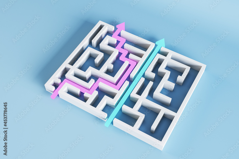 Poster Creative white maze object with arrows. Easy way solution concept. 3D Rendering.