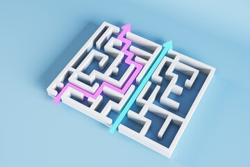 Creative white maze object with arrows. Easy way solution concept. 3D Rendering.