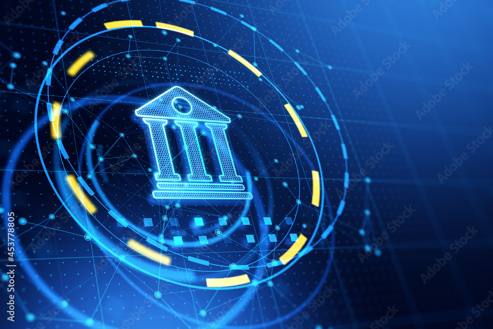 Poster glowing blue digital bank icon on blue background with mock up place. online banking and transaction