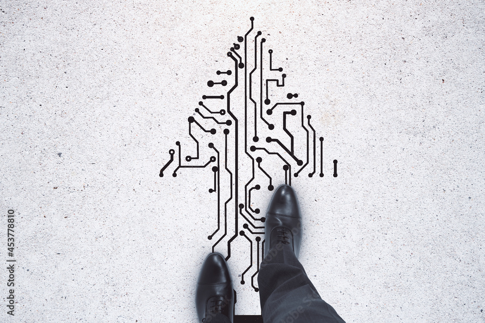 Poster top view of businessman feet standing on abstract circuit arrow sketch on white ground background wi