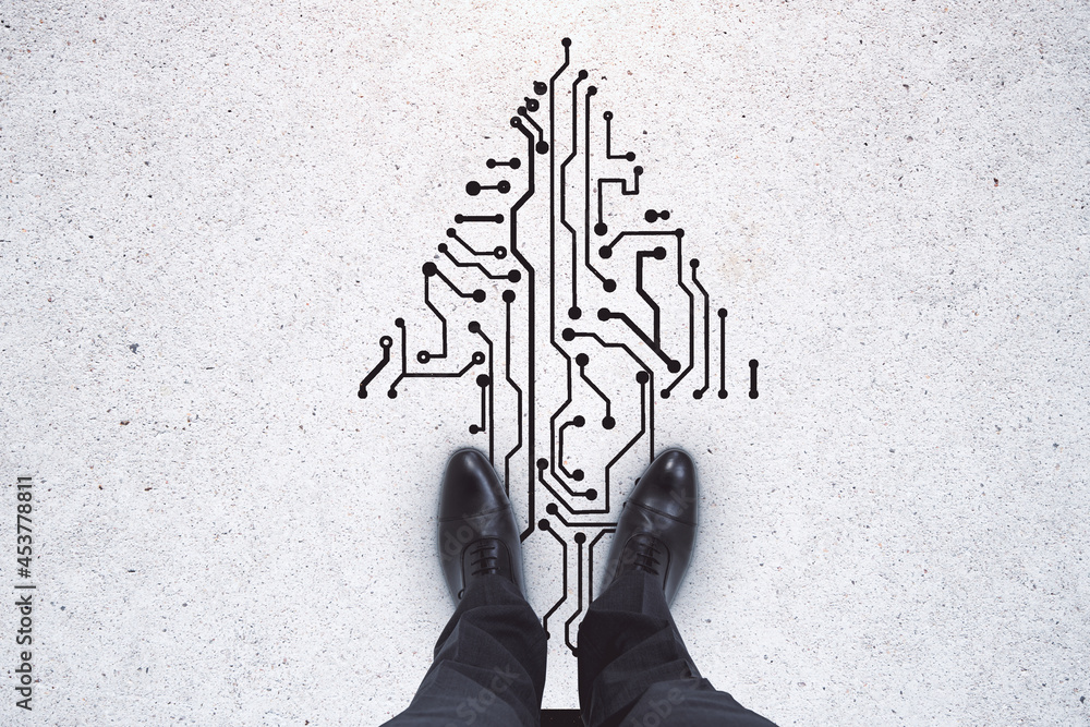 Poster Top view of male feet standing on abstract circuit arrow sketch on white ground background with mock up place. Success and digital transformation concept.