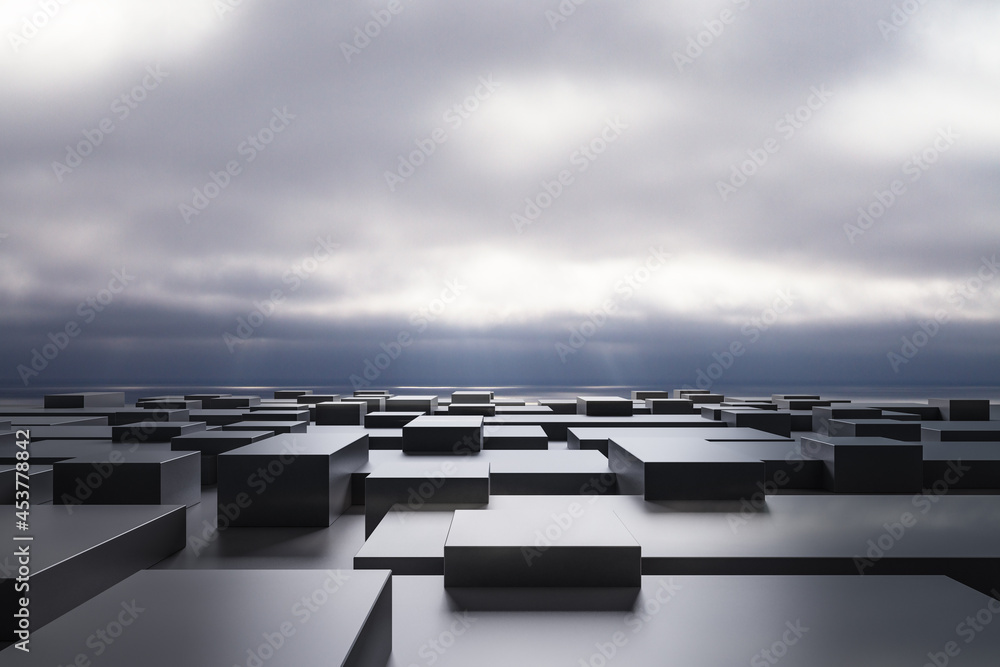 Poster Abstract gray geometric maze background with mock up place in sky. 3D Rendering.