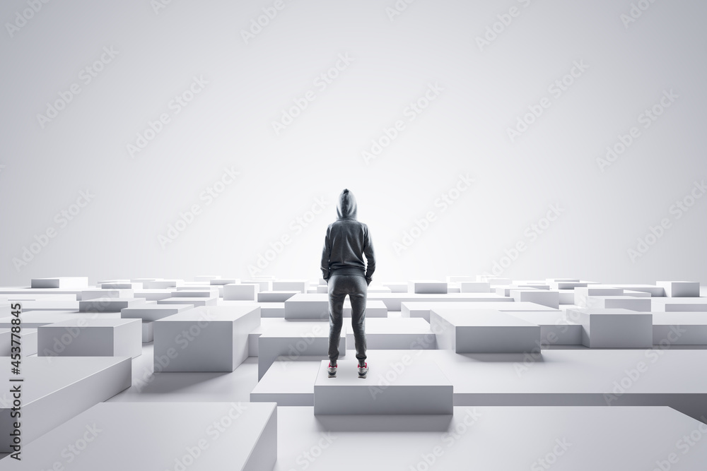 Poster Hacker in hoodie standing on abstract white geometric maze background with mock up place. Hacking and theft concept.