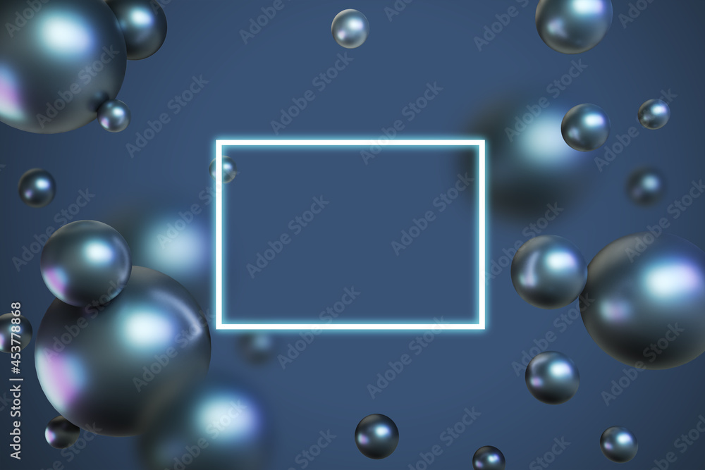 Poster Creative blurry blue bubbles background with mock up banner. Design and landing page concept. 3D Rendering.