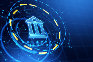 Glowing blue digital bank icon on blue background with mock up place. Online banking and transaction concept. 3D Rendering.