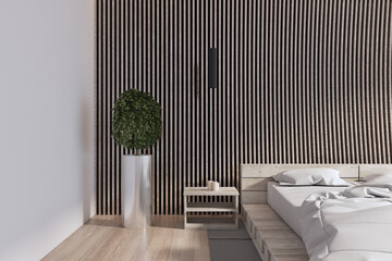 Modern bedroom interior with decorative wall, green plants and other objects. 3D Rendering.