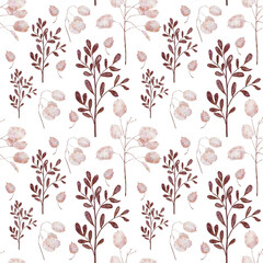 Seamless pattern with watercolor botanical elements. Beautiful detailed lunaria plant, thirstle, willow leaves in pastel colors isolated on white background.