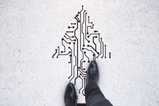 Top view of businessman feet standing on abstract circuit arrow sketch on white ground background with mock up place. Success and digital transformation concept.