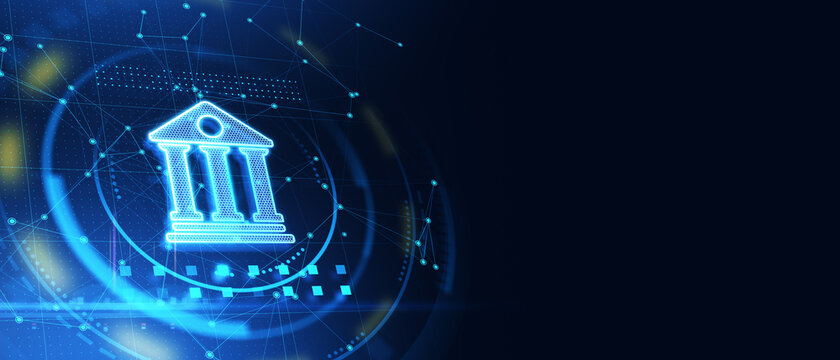 Glowing blue digital bank icon on blue backdrop with mock up place. Online banking and transaction concept. 3D Rendering.