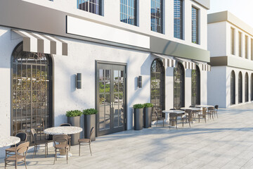 Luxury concrete cafe exterior with terrace furniture and empty white sign in daylight. Mock up, 3D Rendering.