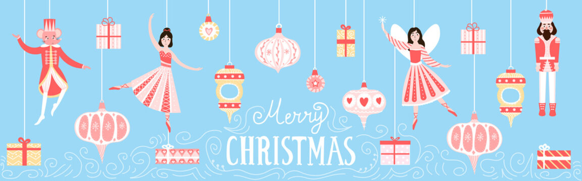 Fairytale christmas banner for winter holidays with hanging xmas toys on blue background, nutcracker and princess, ballerina and mouse king, childish web greeting card for christmas