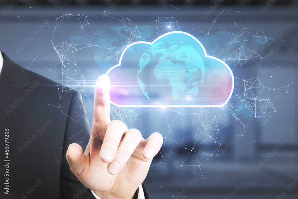 Poster businessman pointing at abstract glowing cloud hologram on blurry interior background. cloud computi