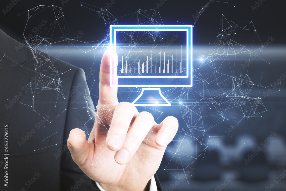 Poster businessman hand pointing at abstract computer monitor hologram on blurry interior background. digit