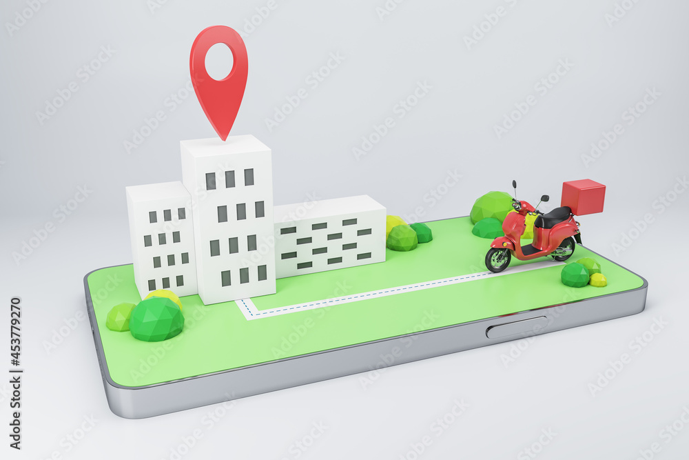 Poster Abstract smartphone with map, moped and location mark on white background. Delivery, technology and online purchase concept. 3D Rendering.