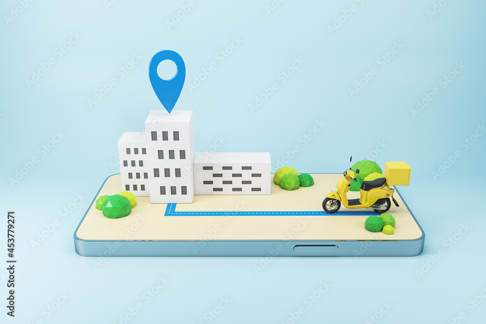 Poster creative smartphone with map, moped and location mark on blue background. delivery, technology and o