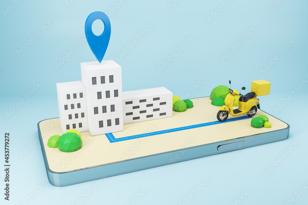 Poster abstract smartphone with map, moped and location mark on blue background. delivery, technology and o