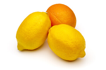 Fresh lemons and oranges, isolated on a white background.