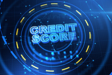 Creative glowing credit score hologram on blue background. Business loan and debt rating concept. 3D Rendering.