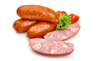 Smoked sausage. Traditional natural sausage, isolated on white background.