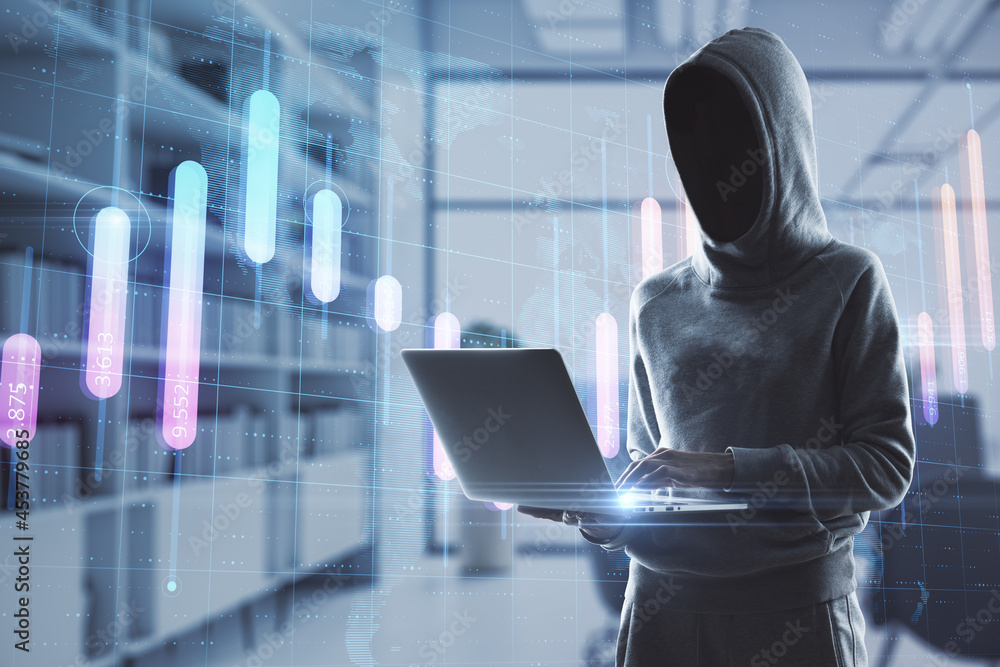 Poster hacker in hoodie using laptop in blurry office interior with creative glowing business graph and map