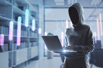 Hacker in hoodie using laptop in blurry office interior with creative glowing business graph and map. Global investment, theft and malware concept. Double exposure.