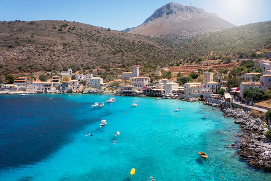 Panorama of the beautiful fishing village Limeni on the south Mani coast, Peloponnese, Greece, with turquoise sea during summer time