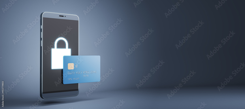Poster Abstract smartphone with padlock and credit card on gray background with mock up place. Online purchase and web security concept. 3D Rendering.