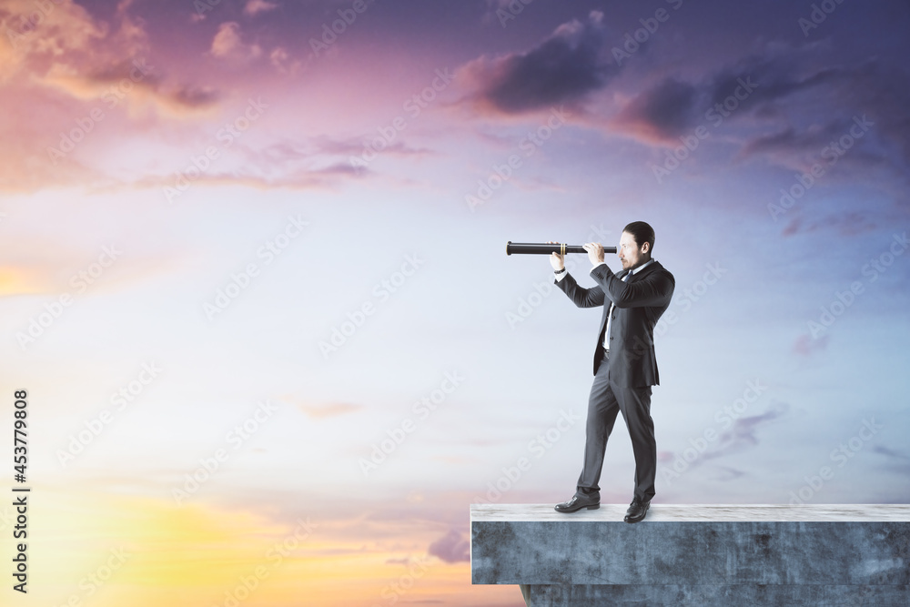 Poster businessman with telescope on abstract concrete edge looking into the distance on creative bright sk