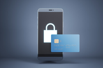 Abstract smartphone with padlock and credit card on gray background. Online purchase and web security concept. 3D Rendering.