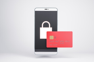 Abstract smartphone with padlock and credit card on white background. Online purchase and web security concept. 3D Rendering.