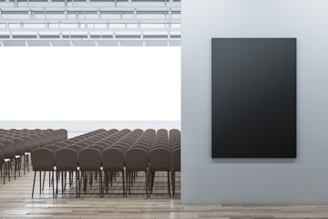 Modern auditorium interior with seating, wooden flooring and empty mock up poster on wall. 3D Rendering.