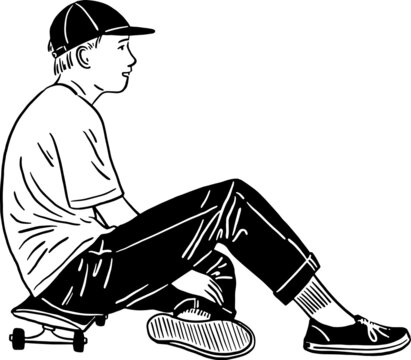 Man sitting on skateboard Hipster street lifestyle Hand drawn line art illustration