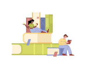 People enjoying reading sitting on books, flat vector illustration isolated.