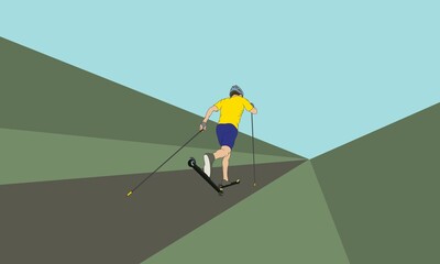 An athlete on roller skis runs in a straight line.