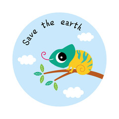 cute chameleon save the earth sticker vector