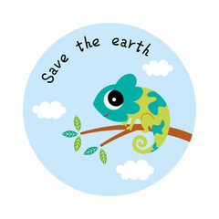 cute chameleon save the earth sticker vector