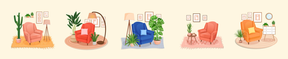 Set of cute interiors with an armchair. Cute interior with modern furniture and plants. Living room interior. Vector flat style illustration. Trendy scandinavian hygge apartment. Collection.