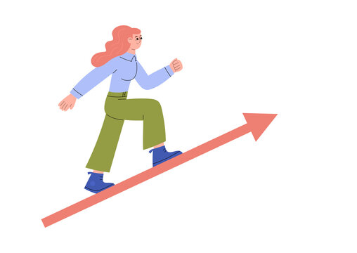 Woman raising on graph arrow, flat vector illustration isolated on white.